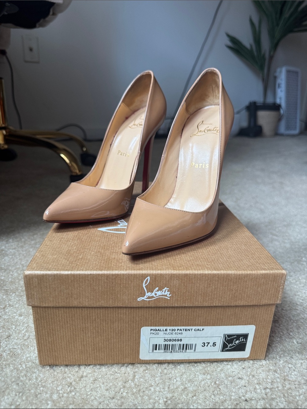 Christian Louboutin Pigalle 120 Nude Patent Leather Pumps 37.5 Red Bottoms